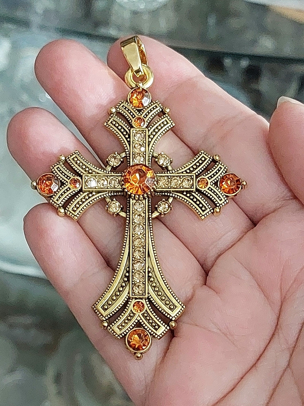 Gold-Tone Amber Accents Cross Necklace Pendant - Womans Jewelry